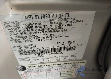 2007 Ford Freestyle Limited из США, поврежденный, VIN 1FMDK06157GA06322